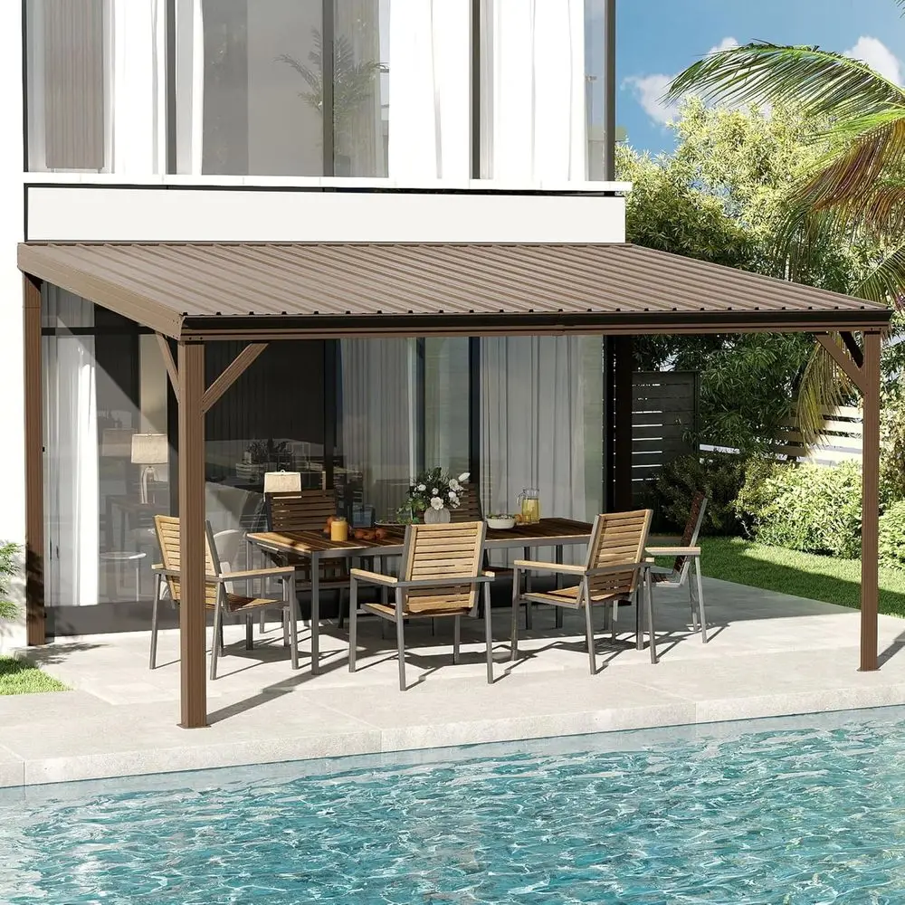

Domi 10' x 14' Lean to Gazebo, Wall Mounted Gazebos Pergola with Built in Drainage System, Galvanized Steel Roo, Hardtop Patio S