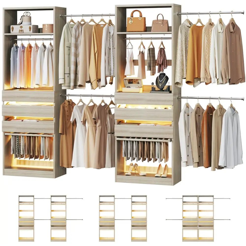 

System Set of 2, 5.710.4FT Closet Organizer System with 6 Wood Drawers amp LED Glasstop, Wood Walkin Closet with 10 Hanging Rod