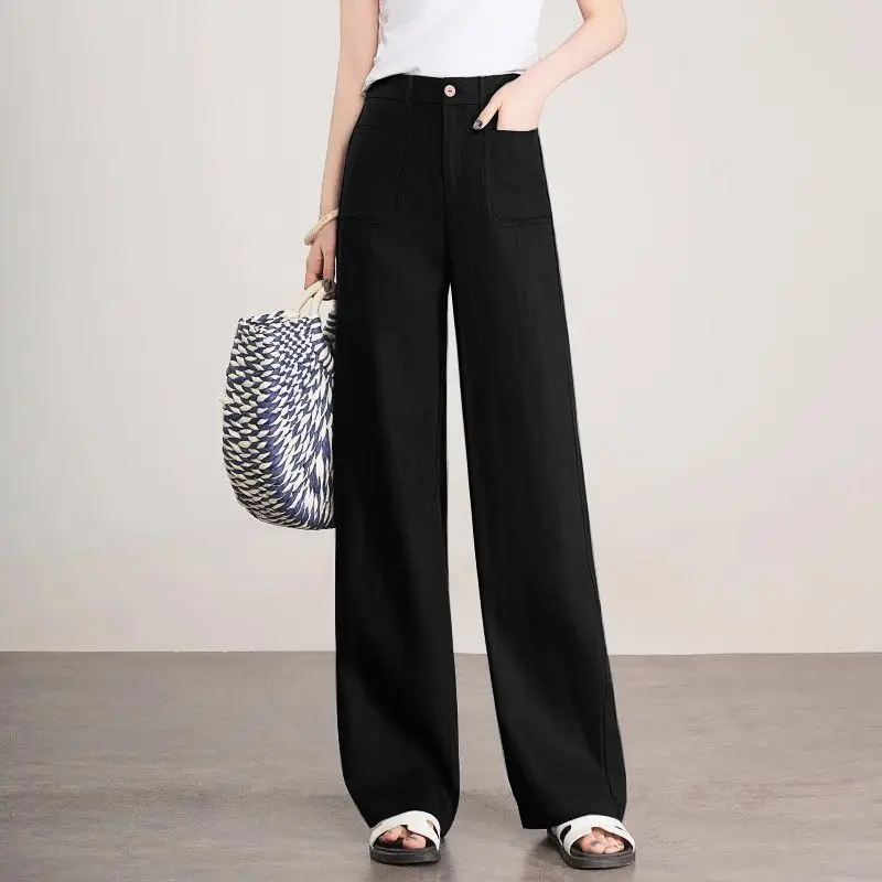 Lniane spodnie damskie z wąskimi prostymi nogawkami, luźne, z wysokim stanem, na lato, codzienne, szerokie, krótkie spodnie.