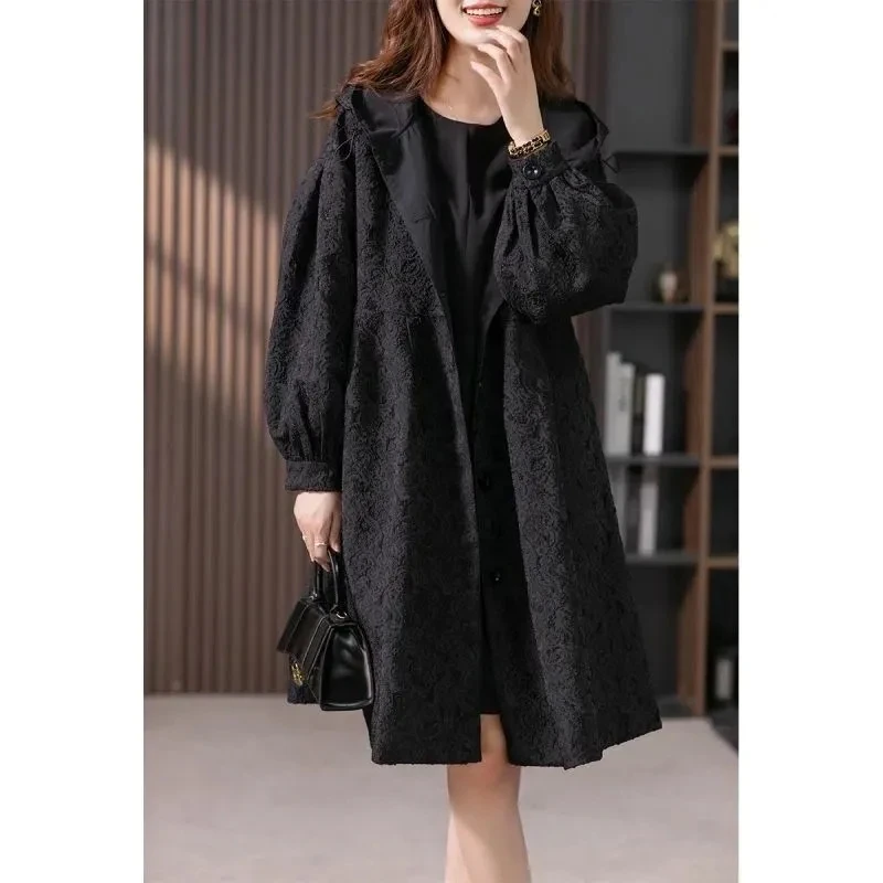 Jacquard Trench Coat Women's Long Coat 2024 Autumn Winter New Female Korean Casual Jacket Loose High-end Hooded Overcoat