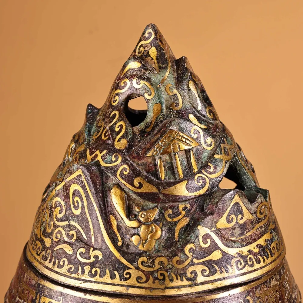 Old Chinese Bronze Censer, Gold Inlaid Boshanlu Incense Burner