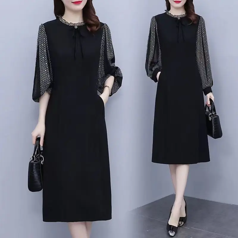 Spring Autumn Fashion Elegant Long Sleeve Fake Two Pieces Dress Solid Color Spliced Round Neck Loose Dresses Women's Clothing