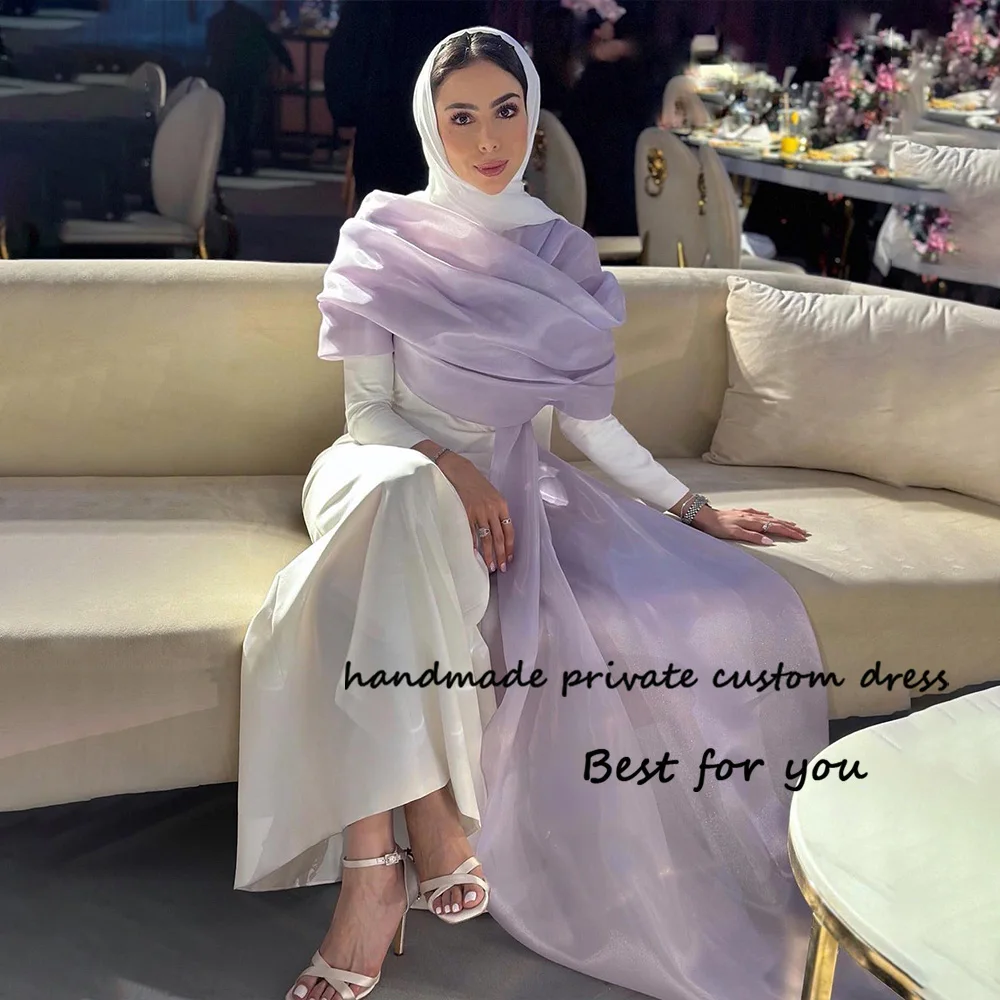 

White Satin Mermaid Evening Dresses Long Sleeve O Neck Arabian Dubai Formal Prom Dress with Lilac Organza Cape Party Gowns