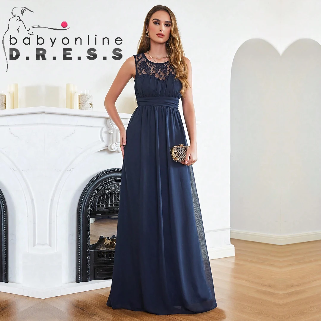 BABYONLINE D.R.E.S.S. Bridesmaid Dress Contrast Lace Ruched Waist Chiffon Illusion Neck Chiffon And Lace Dresses Cabernet