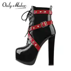 Onlymaker Women  Platform Round Toe Booties Block Chunky High Heel Lace Up Black White  Plus Size Party Dress Ankle Boots