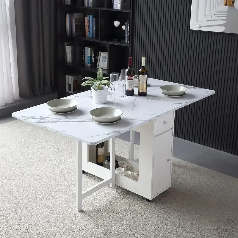 Folding Dining Table with Rack andStorage Drawers, Movable Extendable Space Saving Kitchen in Forms