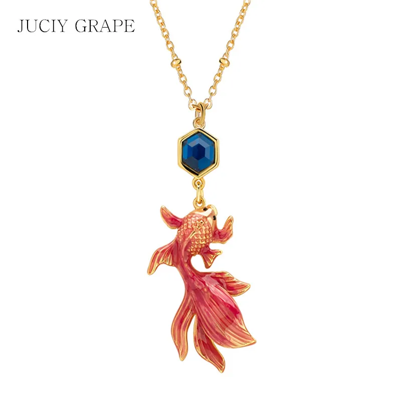 Juicy Grape Red Goldfish Necklace for Women Original Design Handmade Enamel Necklace 18K Gold Plated Best Gift for Friends