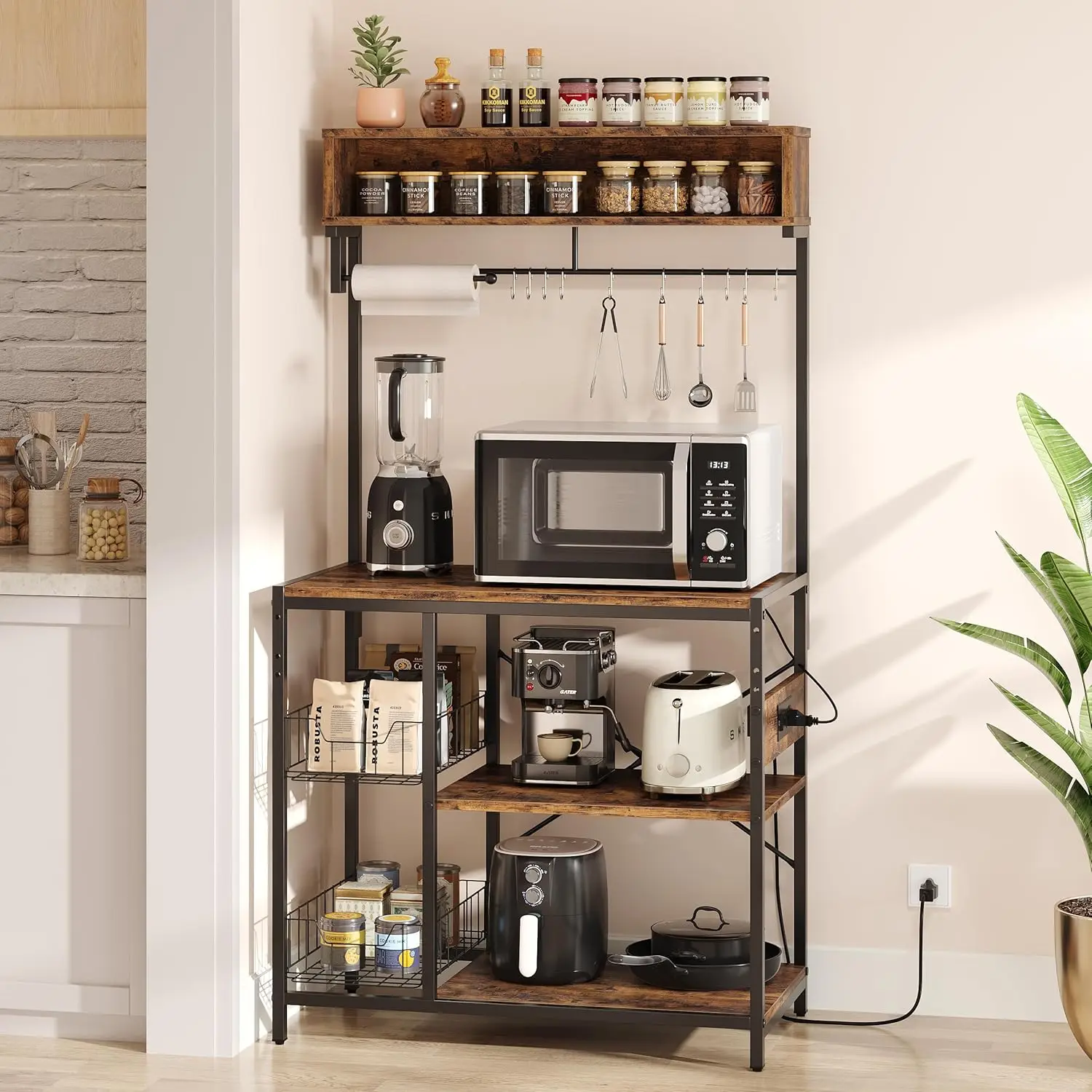 Rack with Power Outlet, 5-Tiers Microwave Stand with Storage, Coffee Bar with Paper Holder & Wire Basket