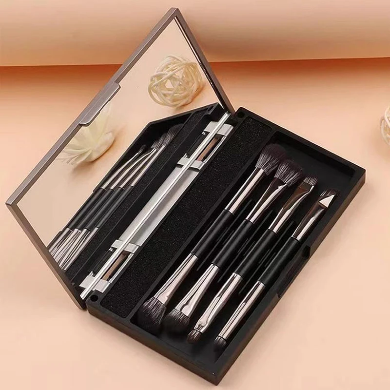 Ensemble de pinceaux de maquillage à double extrémité : pinceau pour les yeux, pinceau pour le contour, pinceau pour le blush, pinceau de maquillage miniature portable avec miroir