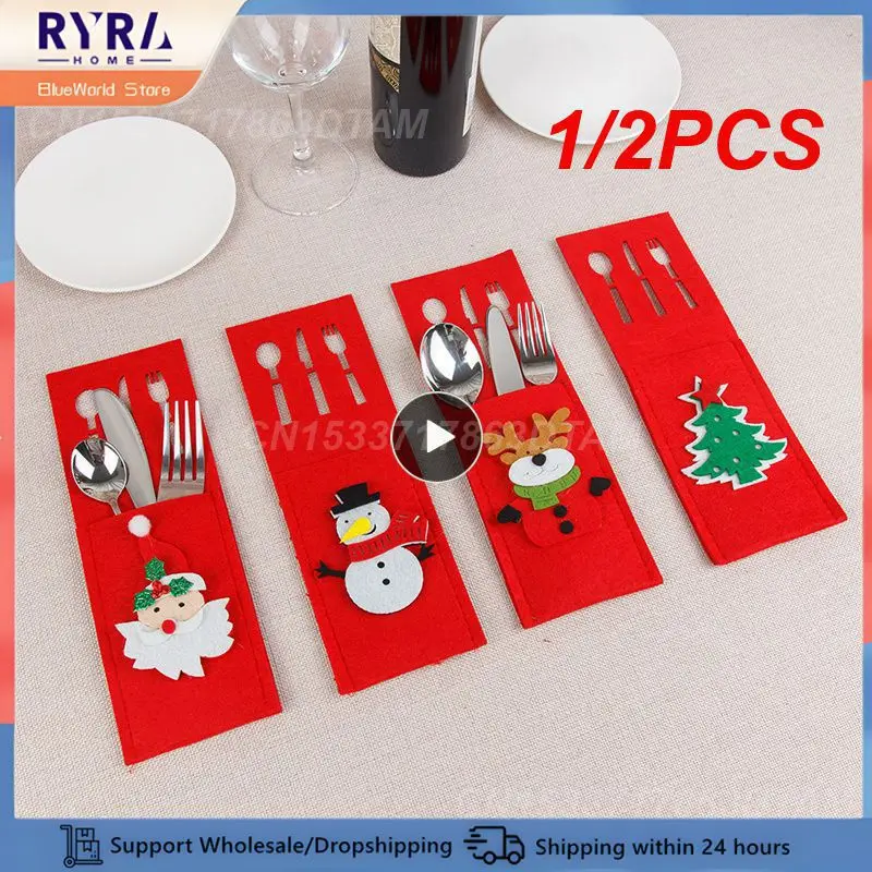 1/2PCS Cartoon Knife And Fork Sleeve Durable Felt Material Festive Joy Christmas Sticker Hat Knife And Fork Bag High Quality