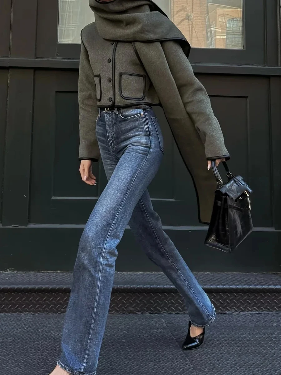 TWOTWINSTYLE الفرنسية الشارع تقسم وشاح سترة للنساء س الرقبة طويلة الأكمام تقسم أزرار مزاجه معطف الصوف القصير الإناث