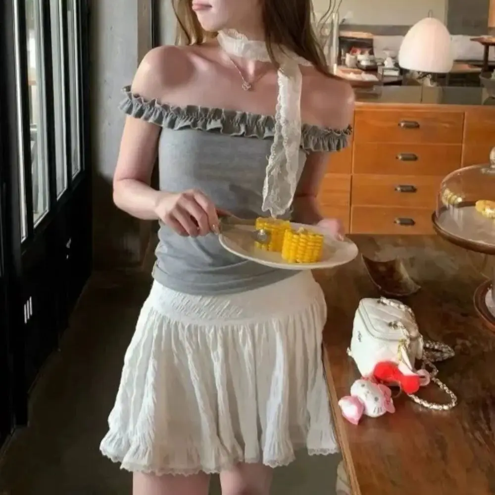 Balletcore White Tiered Mini Skirt Low Rise Ruffled Lace Trim Skirt Y2K Goth Outfit Summer Women Teen Girl Streetwear