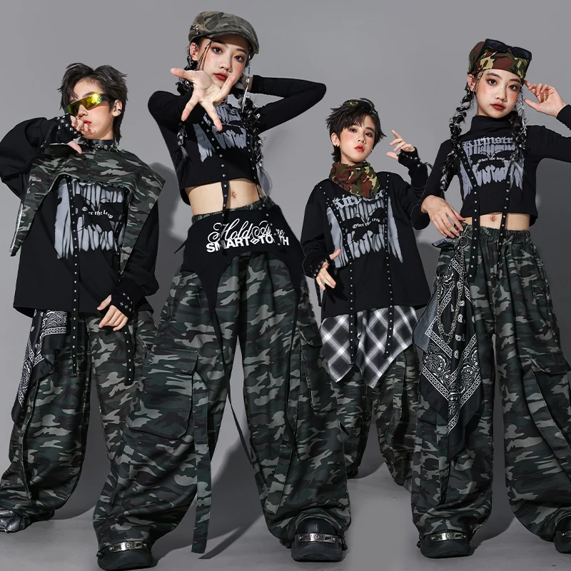 Kpop Cool Jazz Dance Kleidung Mädchen Schwarz Tops Lange Ärmel Camouflage Hosen Jungen Hip Hop Wettbewerb Kleidung Bühne Tragen BL17096