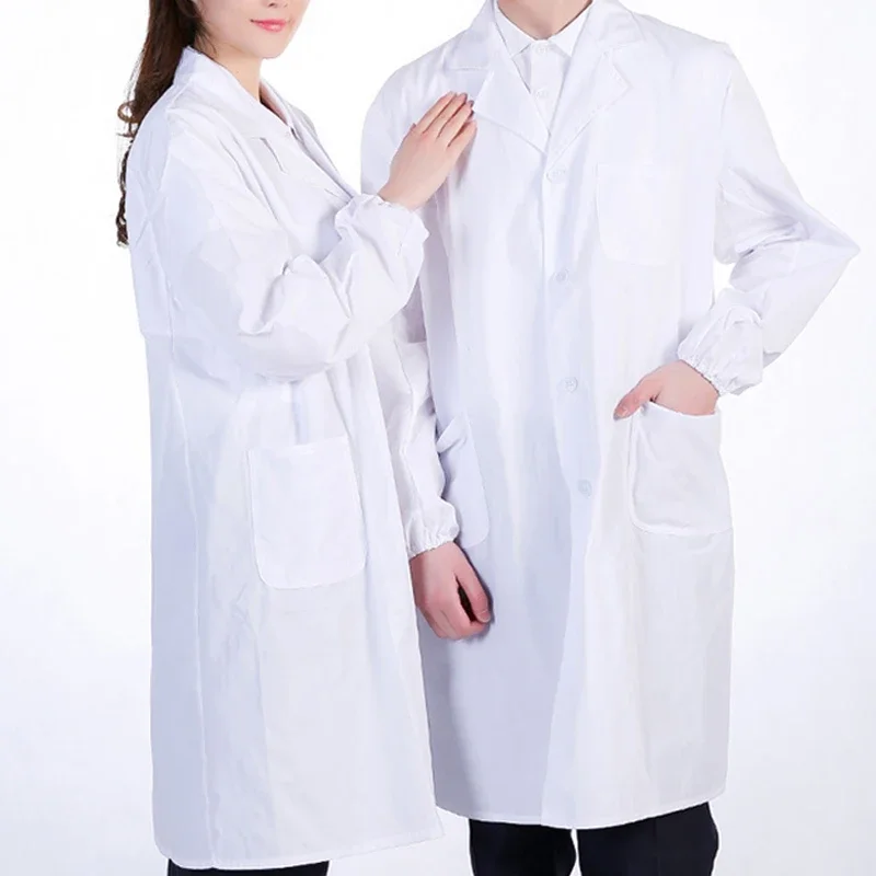 Bata de laboratorio blanca de manga larga Unisex, cuello de solapa con muescas, botón hacia abajo, uniforme de médico y enfermera, blusa