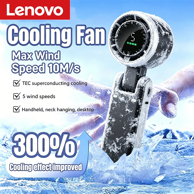 Новый портативный мини-вентилятор Lenovo 2026: на шею, для улицы, складной на 180 градусов, настольный, ручной, высокоскоростной, мощный, турбо, бесшумный