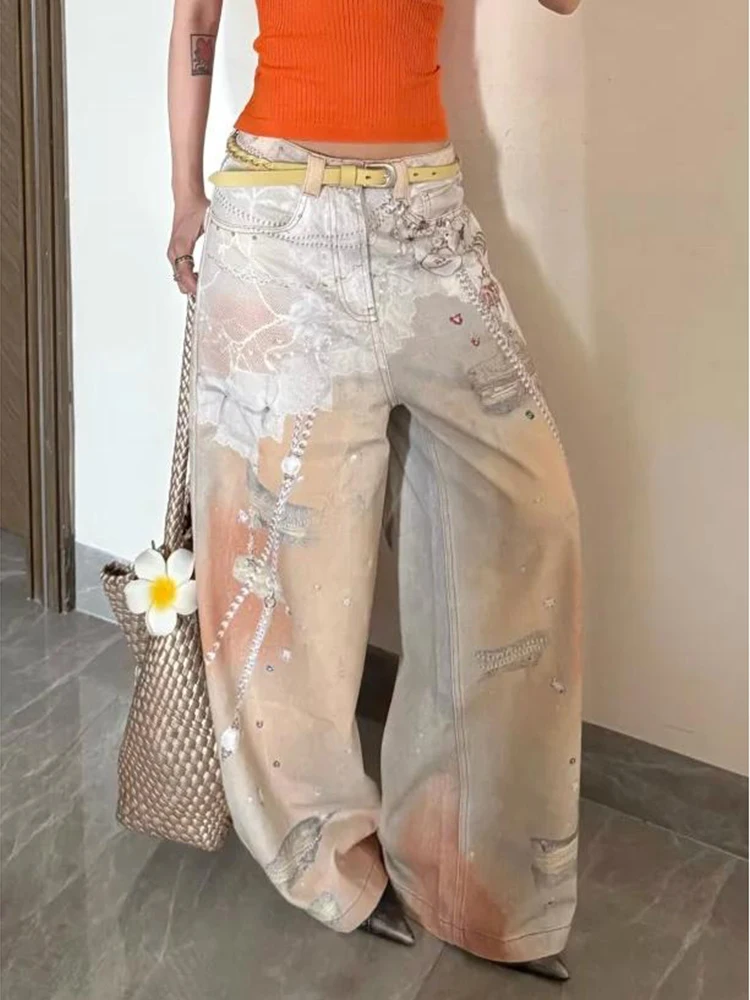 

2025 Summer Trendy High Waist Wide Leg Jeans New Fashion Women Lace Metal Chain Print Unique Design Straight Jeans