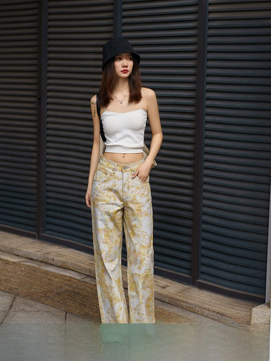 

Elegant High Waist Straight Leg Denim Jeans Women's Fashionable Printed Vintage Long Trousers Commute Style Summer 2026
