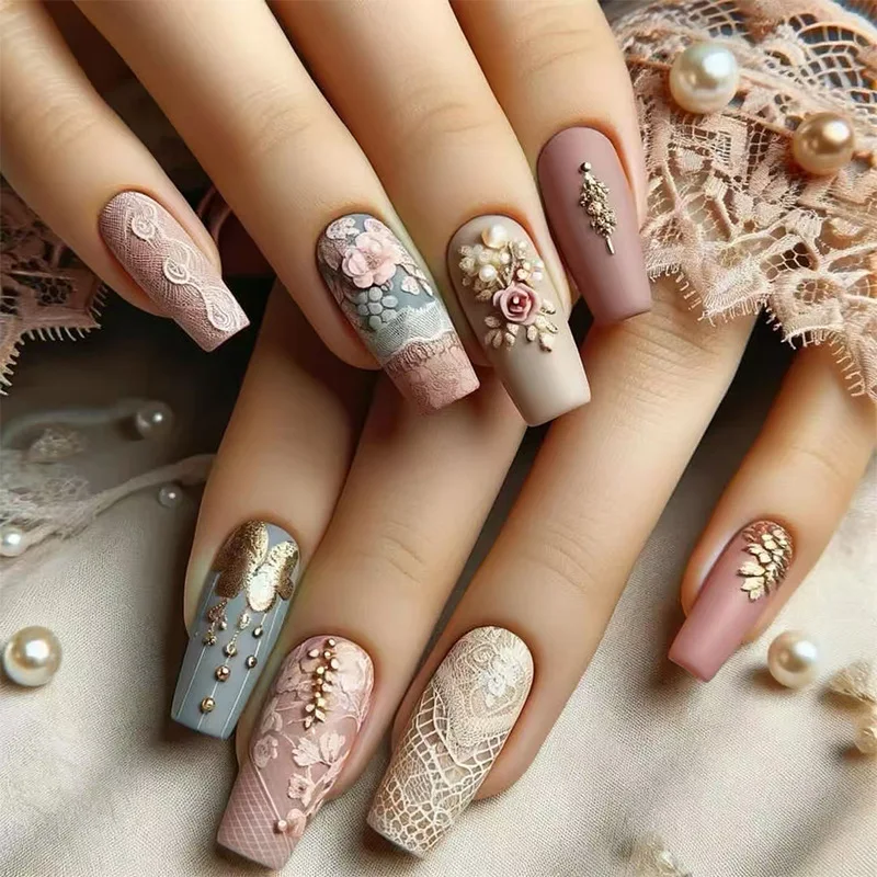 

24Pcs Mid-length Square Head Fake Nails 3D Relief Rosy Lace with Design Press on False Nails Art Wearable Full Cover Nails Tips