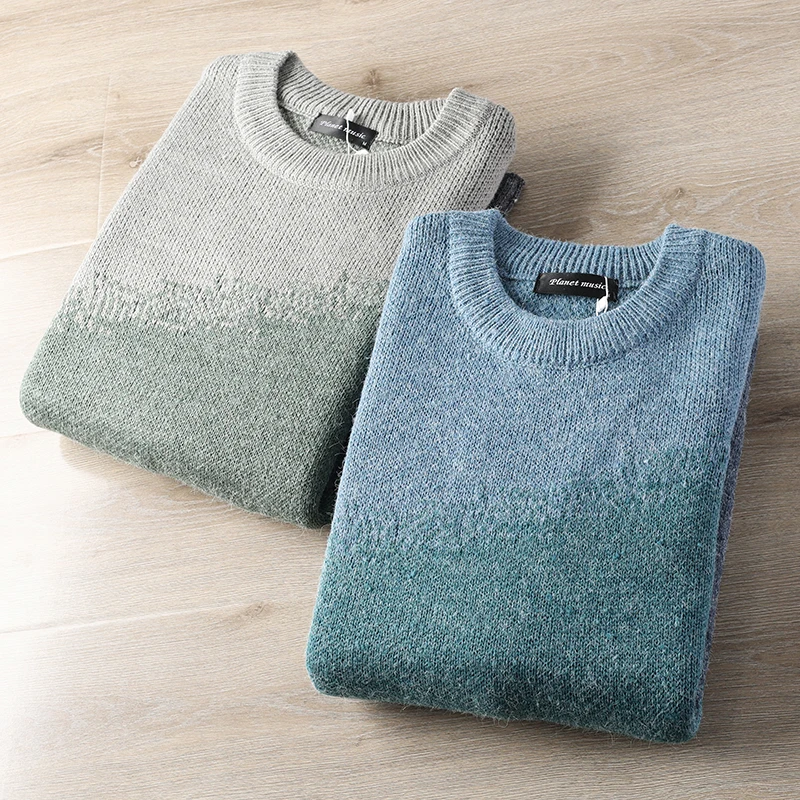 

Trendy adient Color! Wool Blend! Color Woven! Autumn Winter Men's Thiened round Ne Long Sve Knitted Sweater
