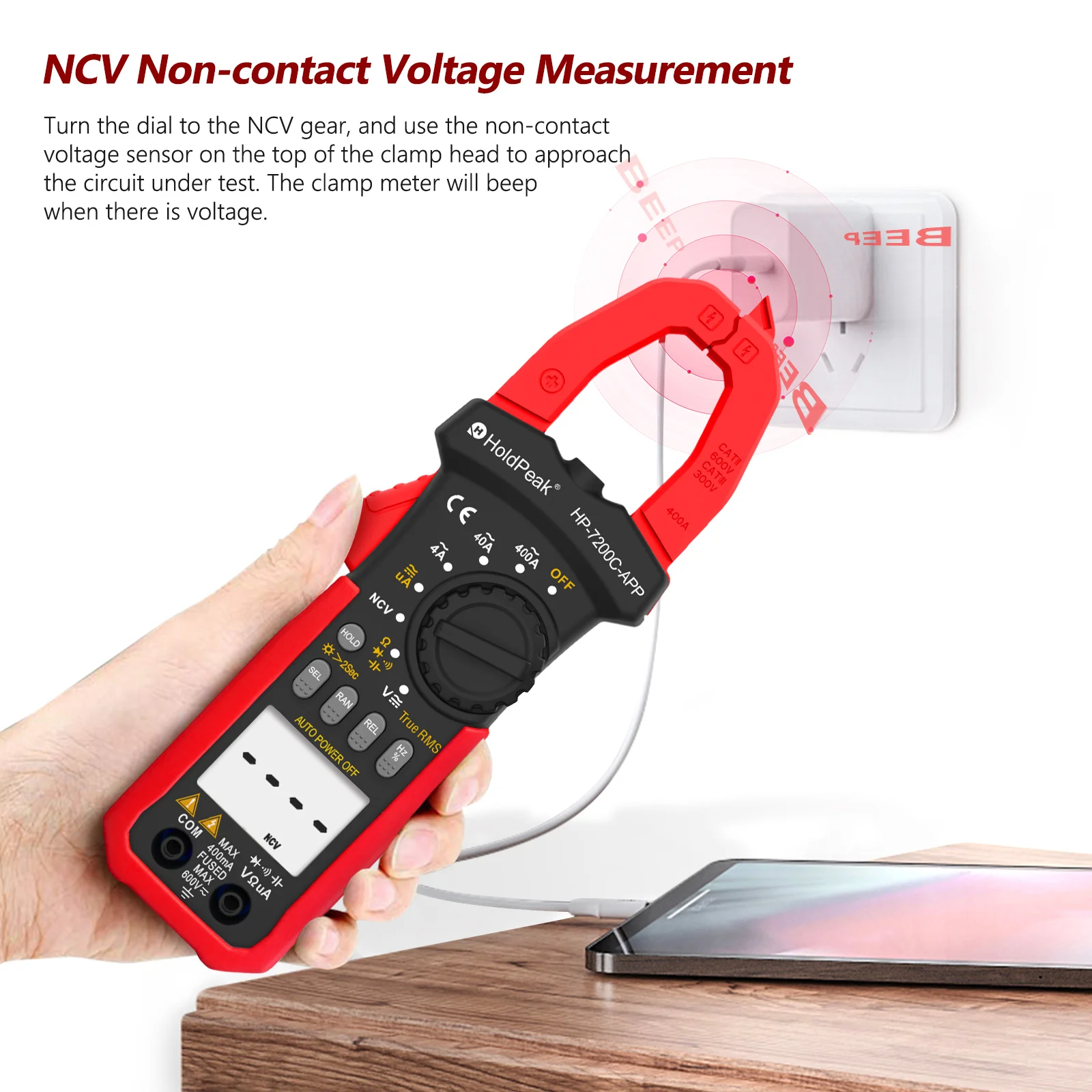 HOLDPEAK HP-7200C-APP Clamp Meter Multimeter 4000 counts with Smartphone APP,AC/DC TRUE-RMS LCD Display  Lamp Light Data Hold