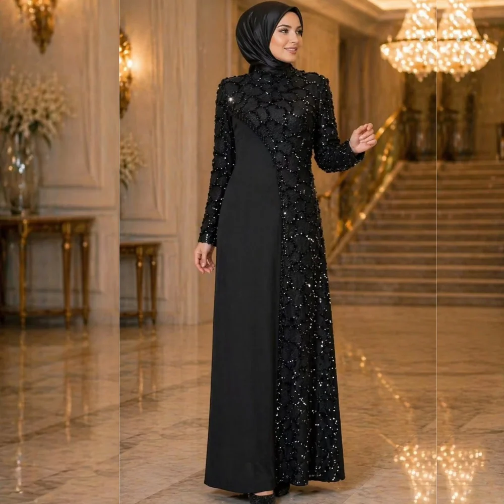 Maßgeschneiderte Klassische Funkelnde Hochgeschlossene A-Linien Lange Kleider Hochzeitspartykleid für Bankette Paillettenbesetzte Formelle Abendkleider