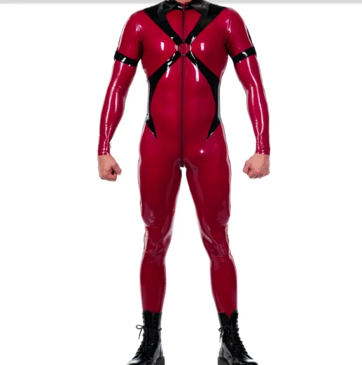 

100%Latex Rubber Gummmi Red Jumpsuit with black decoration role play party hand customized 0.4mm XS-XXL