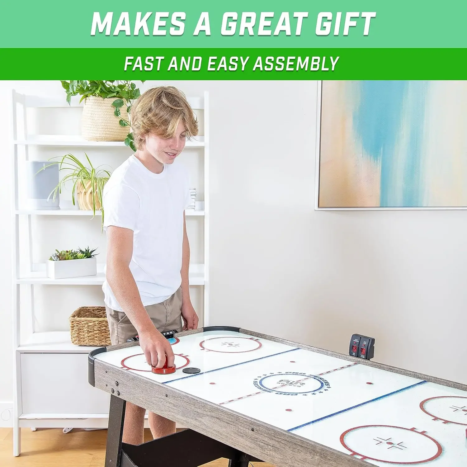 Zoll-Airhockey-Arcade-Tisch für Kinder und Erwachsene – inklusive 2 Drückern, 3 Pucks, Wechselstrommotor und LED-Anzeigetafel – Eiche oder