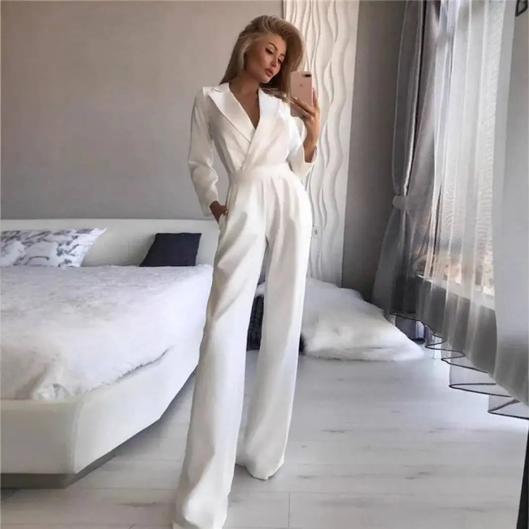 

Spring Summer New Solid Color Suit Collar Women's Jumpsuit Fashion Pocket Slim Elegant Female Office Jumpsuit