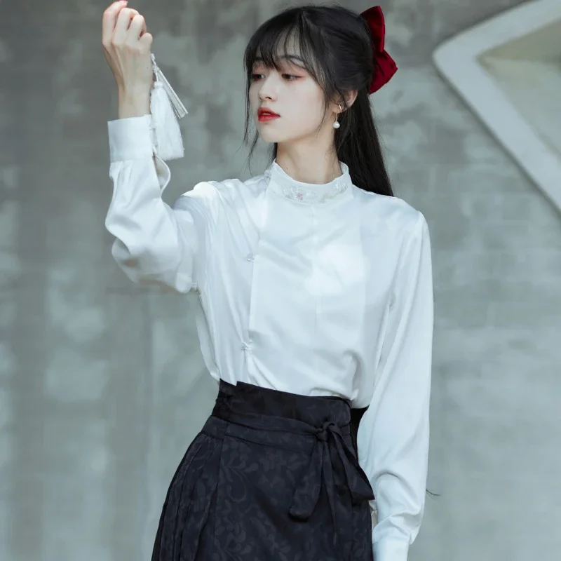 

New Arrival Chinese Traditional Hanfu Costume Women Ming Dynasty Dress Stand Collar Cardigan Shirt Lady Vintage Horse Face Skirt