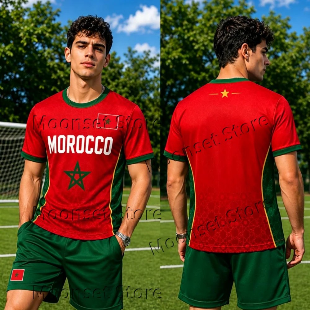 2026 New Morocco Home Jersey Red Green Collar Star Graphic Quick Dry Sport Tops Unisex Adult Kids Family Soccer Training Uniform
