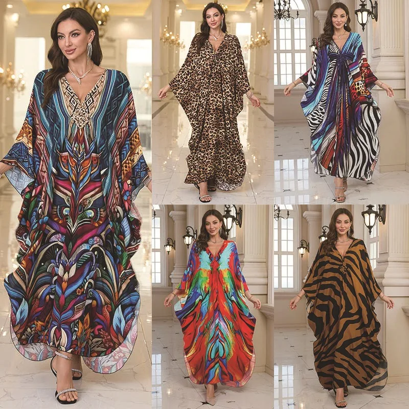 New Summer Women's Sexy and Fashionable Retro V-neck Long Sleeved Mesh Printed Sunscreen Beach Cover Shirt