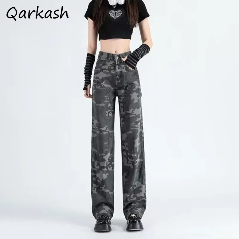 Camouflage Jeans Women Overalls Straight Casual Military Green Design High Street Fashion Autumn Popular Trousers Personality