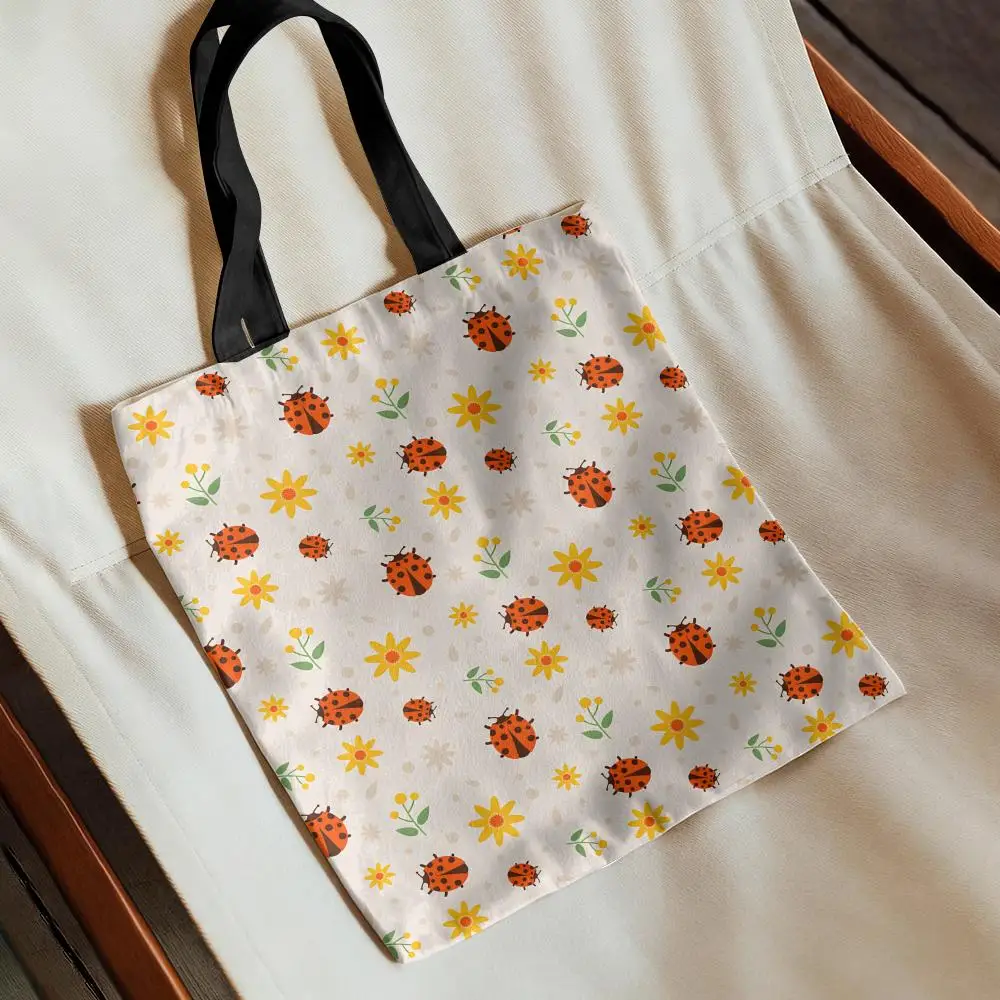 Cute Ladybug Colorful Storage Bags Canvas Tote Bag Women Large Capacity Reusable Eco Shopping Shoulder Handbag