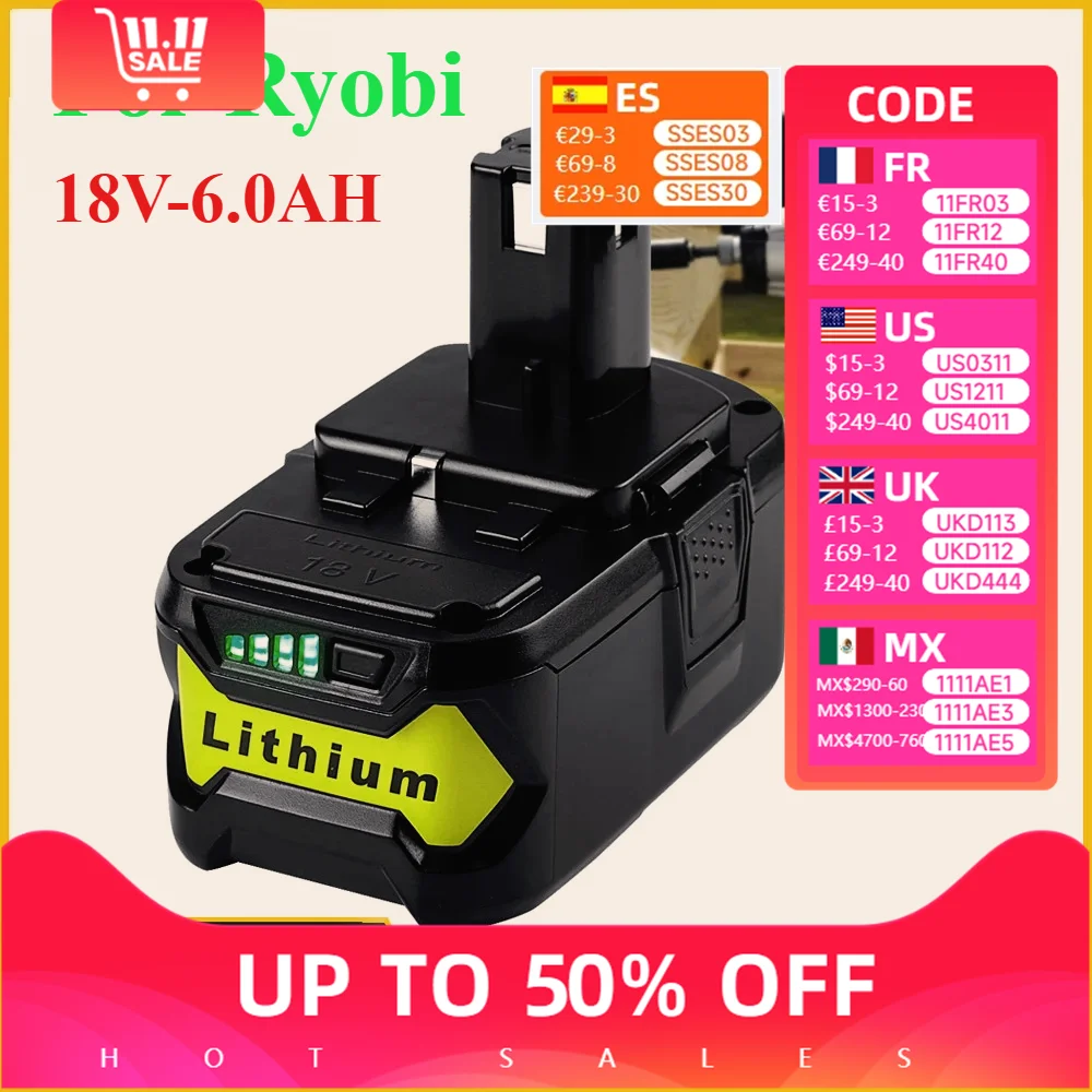 

For Ryobi for ONE+ Power Tool BPL1820 P108 P109 P106 P105 P104 P103 RB18L50 BPL-181518V 6000mAh Li-ion Rechargeable Battery