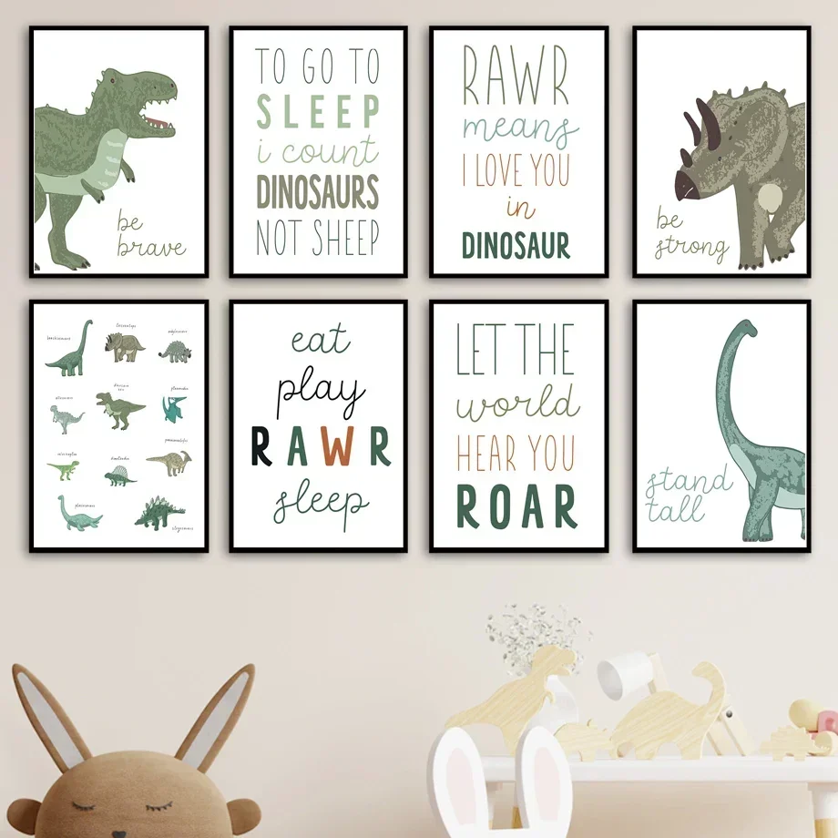 Boy Room Wall Art Print Cartoon Dinosaur Roar Quotes Nursery Canvas Painting Nordic Poster Wall Pictures Kids Room School Decor