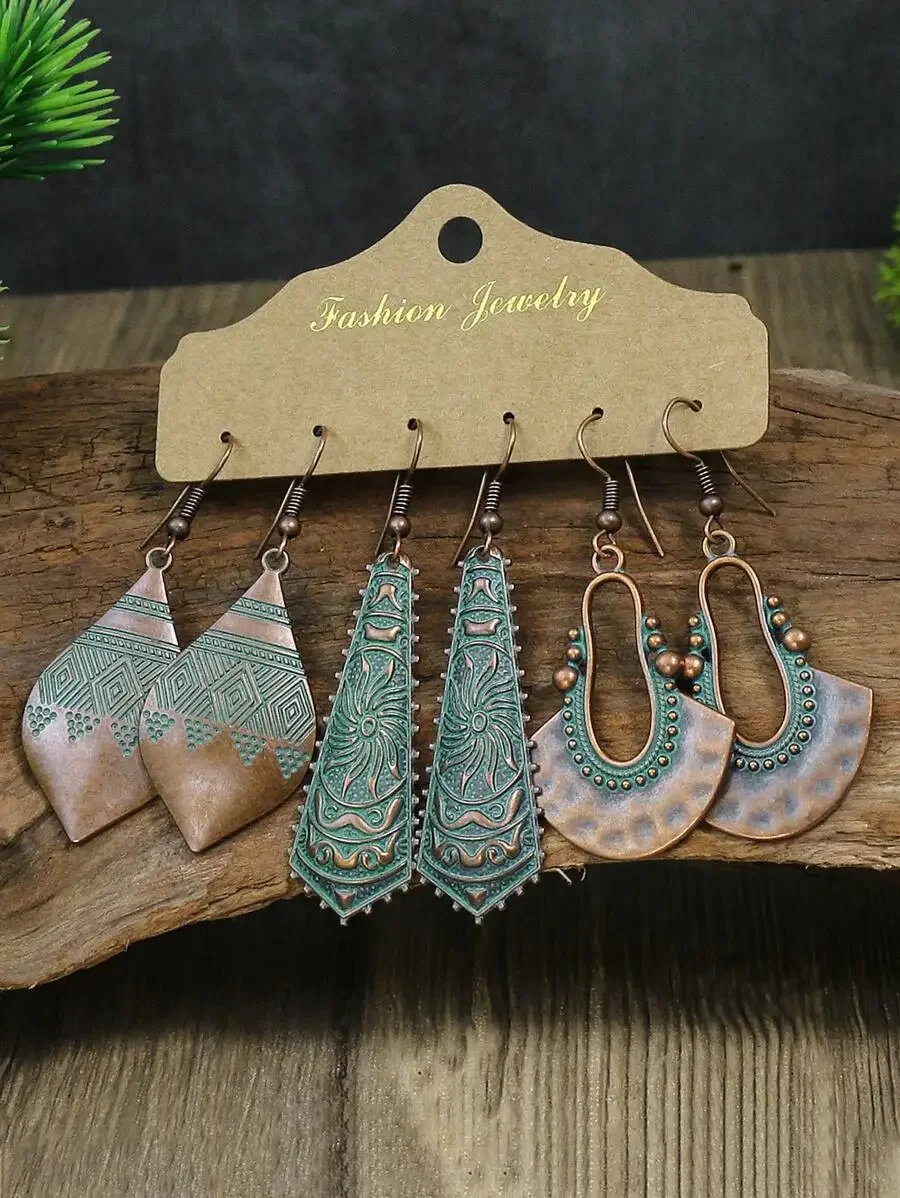 3 Pairs Vintage Antique Bronze Geometric Drop Earrings For Women Bohemian Ethnic Style