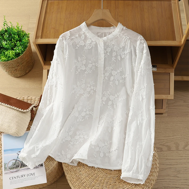 Pur coton brodé Long Sve coupe ample col montant femmes irt printemps nouveau Sle doux polyvalent Floral cousu irt