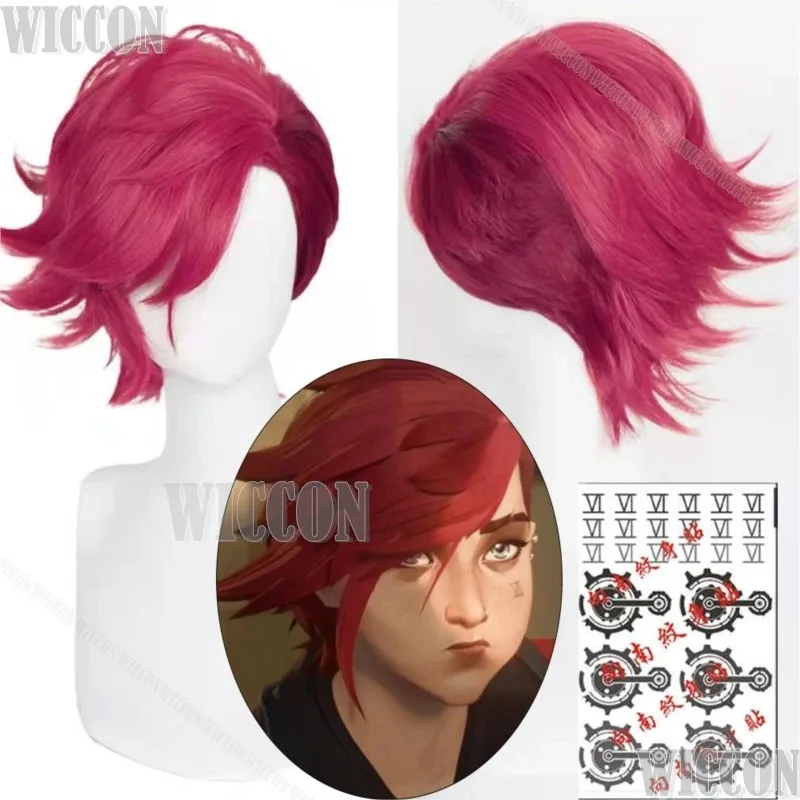 Vi أنيمي غامض LOL تأثيري حلي الدعامة شعر مستعار أحمر الوشم ملصق النساء فتاة الهالووين حفلة لعب الأدوار مخصص vm;7tfj;p