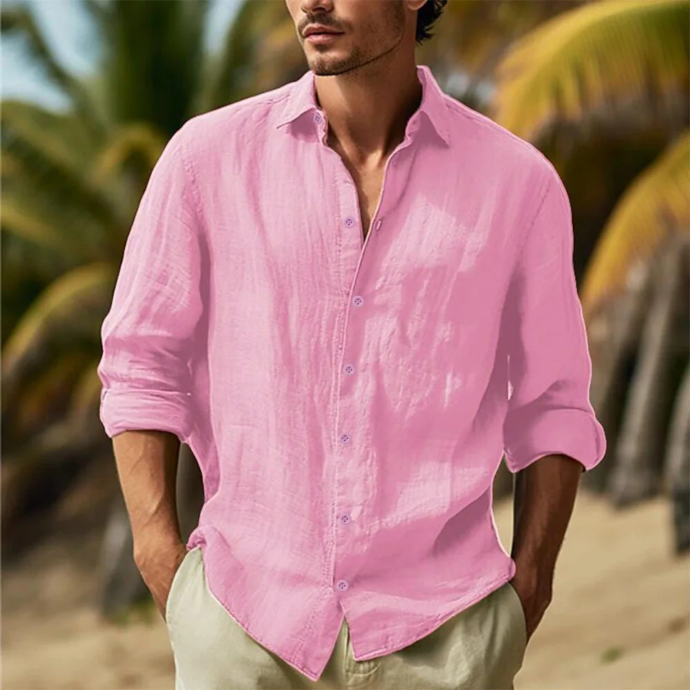 Camicie da uomo in cotone e lino Colletto rovesciato Camicia hawaiana solida Camicia bianca leggera e traspirante Casual Streetwear di grandi dimensioni