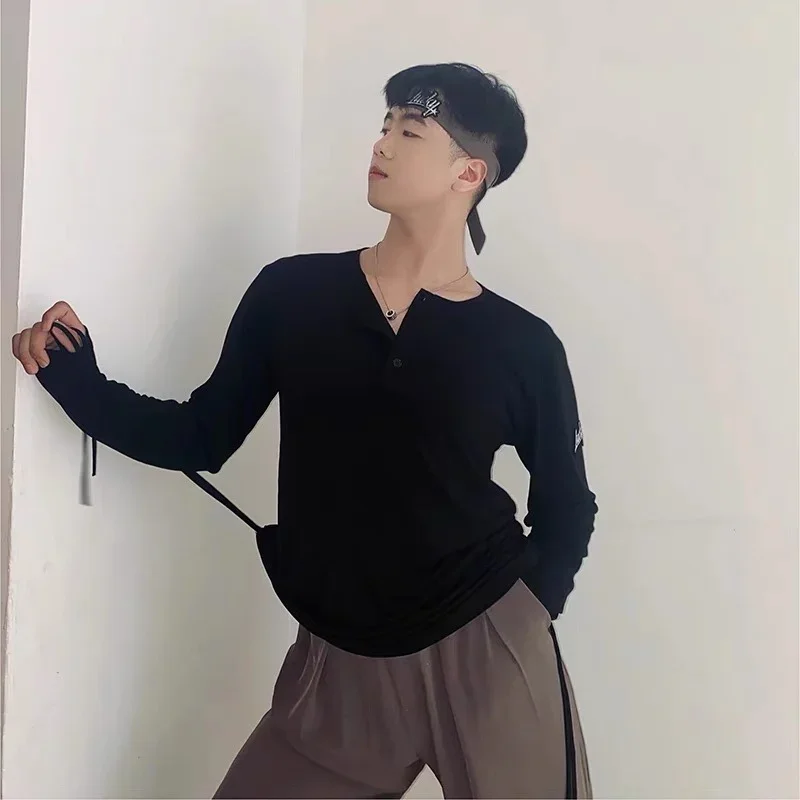 

New Stretch V-neck Loose Shirt Latin Dance Practice Clothes Chacha Rumba Tango Dress Latin Dance Costumes For Men DQS10627