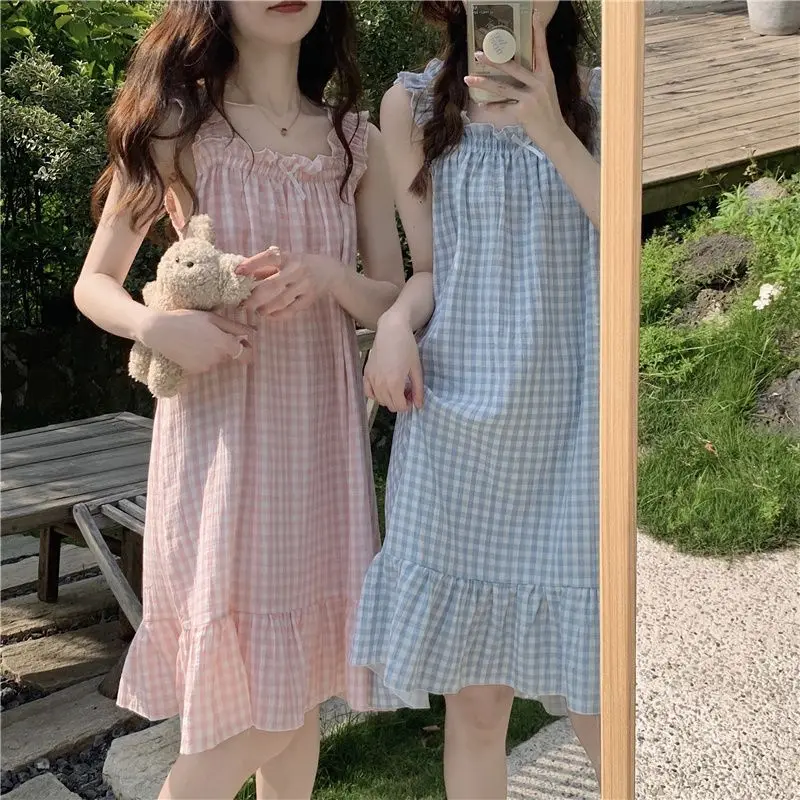 

Summer Pajamas Women Lattice Suspender Nightgown Thin Japanese Pastoral Style Girl Home Wears Sleeveless Pure Lust Night Dress