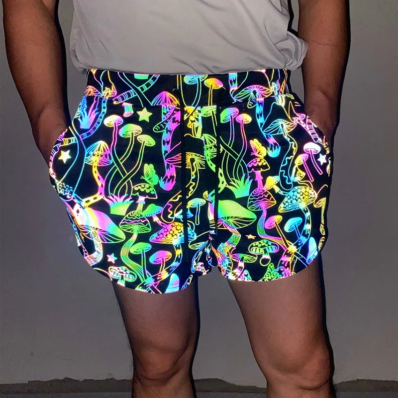 PARKLEES Mushroom Printed Colorful Reflective Mens Shorts Shiny Hip Hop Dance Fluorescent Shorts for Men Night Sporting Joggers