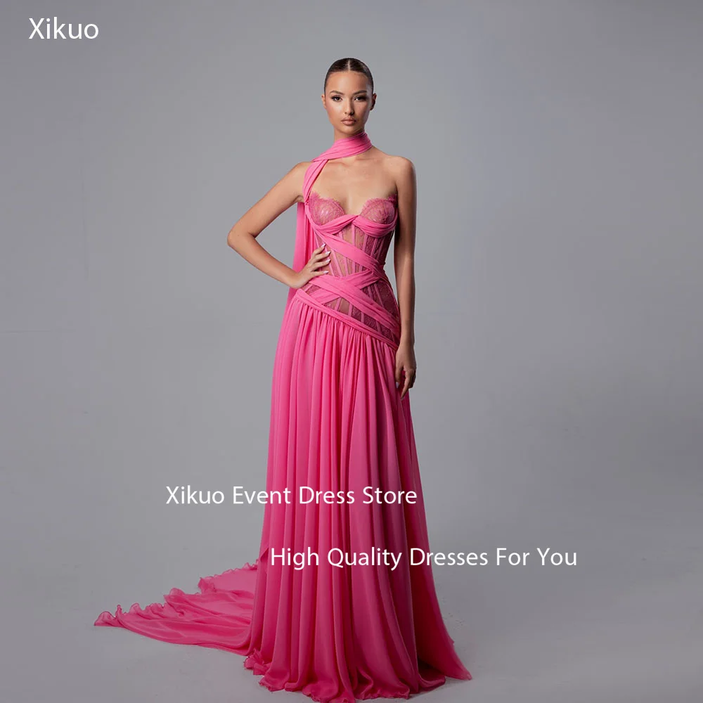 

Xikuo Вечерние платья из шифона цвета фуксии с прозрачными перекрестными бретелями для торжественных трав, асимметричные аппликации со шлейфом, халат De Soirée по индивидуальному заказу