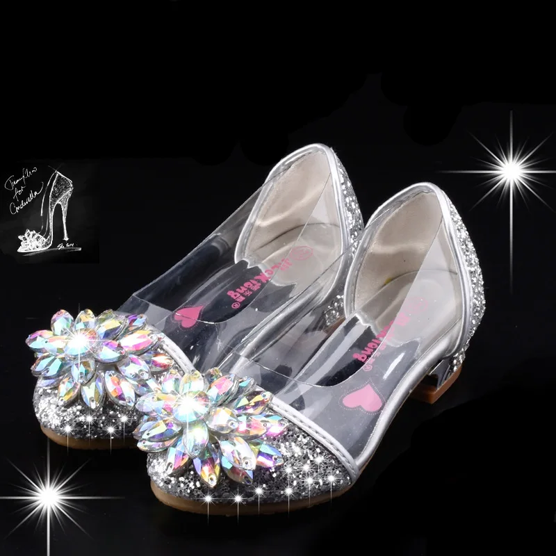 Princess Kids Leather Shoes Diamond Flower Casual Children High Heel Transparency Girls Sandals Student Performance Shoes