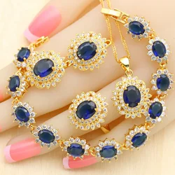 Luxury Blue Crystal Gold Plated Jewelry Sets for Women Earrings Necklace Pendant Ring Bracelet Wedding Gift