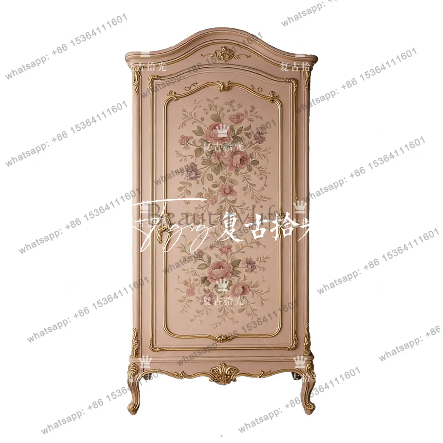 

French retro floral wardrobe with engraved pink locker opposite the door, large capacity