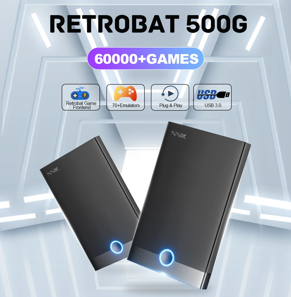 Retrobat 500GB Portable USB 3.0 Flash Drive for 60000+ Games 70 Emulators for PS2/PSP/PS1/Sega Saturn/Wii for Windows PC/Laptop