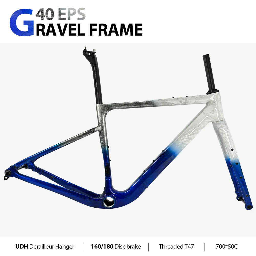G40 Carbon Gravel Frame 160/180 Disc Brake 700C*50C Threaded T47 Hidden Cable UDH Gravel Bicycle Frameset Ice Crackle Finish