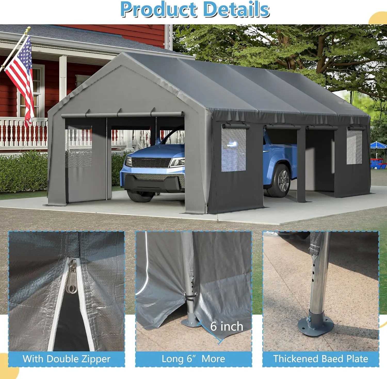 Carport 13'x 25' พอร์ตรถยนต์สําหรับงานหนักพร้อมผนังด้านข้างแบบม้วนขึ้นและหน้าต่างระบายอากาศพร้อมผนังด้านข้างแบบถอดได้