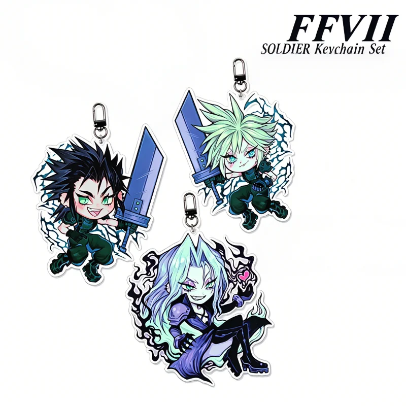 Final Fantasy VII FF7 SOLDIER Chibi Keychain Set - Cloud, Zack, Sephiroth Anime Style Acrylic Pendant for Bag, Phone, Car Decor